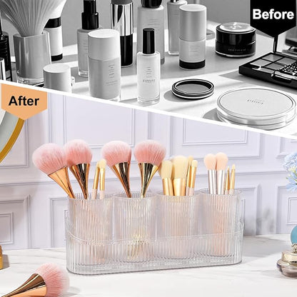 DASITON Makeup Brush Holder Organizer with 4 Cup, Vintage Striped Make Up Brush Holder for Vanity, Bathroom Toothbrush Holders, Acrylic Cosmetic Brushes Storage Organizer Pen Holder (Clear+Clear)