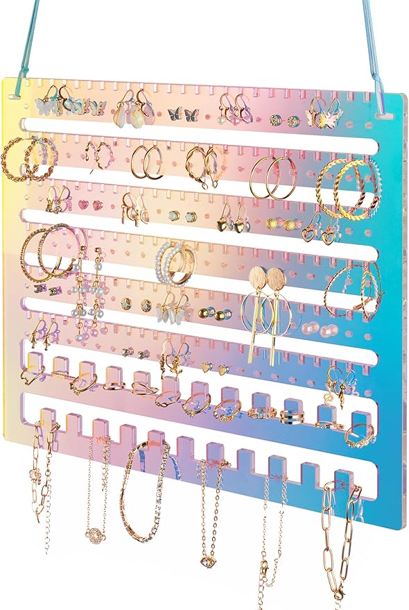 NiHome Iridescent Acrylic Hanging Earring Organizer, Wall Mount Jewelry Organizer Rack, Wall Earring Holder with 132 Earring Holes, 150 Slots, 23 Necklace Hooks for Stud Earring Bracelet Necklace Ring