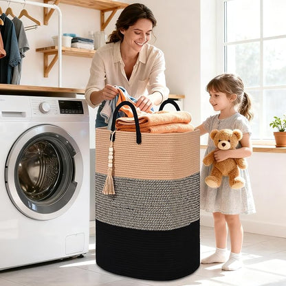 Woven Laundry Basket for Clothes, 50 L Large Rectangle Laundry Hampers with Beads Tassel, Nursery Storage Basket for Toys, Tall Dirty Clothes Hamper for Bedroom Aesthetic, Laundry Room Organization