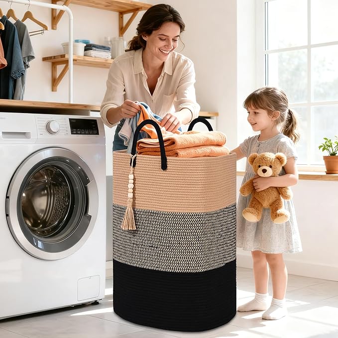 Woven Laundry Basket for Clothes, 80 L Large Rectangle Laundry Hampers with Beads Tassel, Nursery Storage Basket for Toys, Tall Dirty Clothes Hamper for Bedroom Aesthetic, Laundry Room Organization