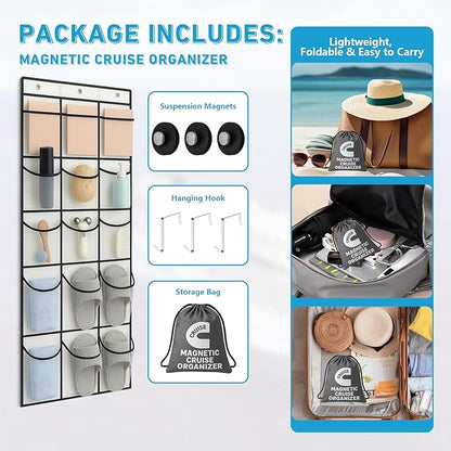 Cruise Magnetic Door Organizer with Hooks, 15 Large Pockets, Strong Anti-Scratch Magnets, Over-the-Door Hanging Storage for Cruise Cabin Essentials, Space Saving Cruise Door Organizer