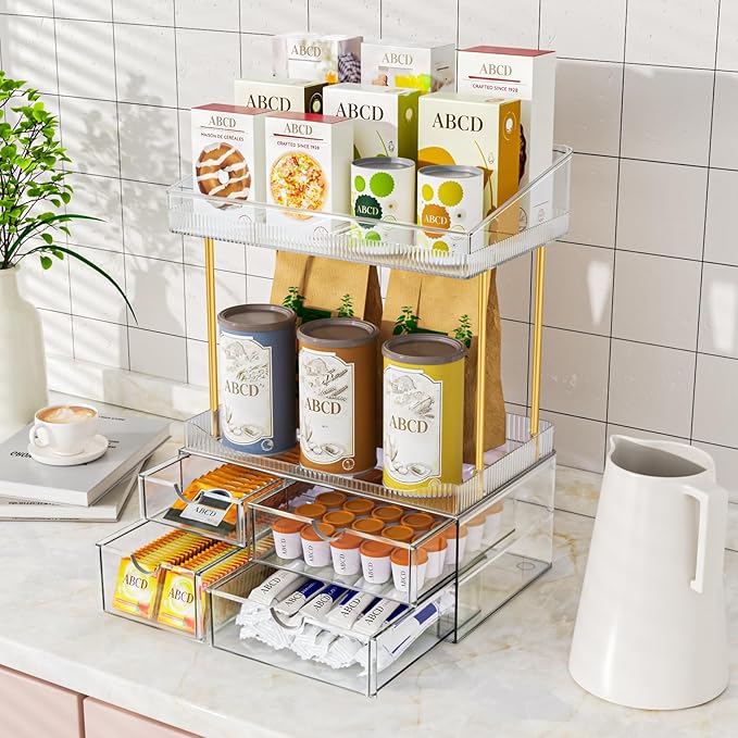 SNSLXH 4 Drawers Makeup Organizer - 4 Tier Makeup Storage, Cosmetics Organiser, Ideal for Cosmetic, with Drawers for Countertop, Bathroom, Office Supplies, Dresser Transparent Clear