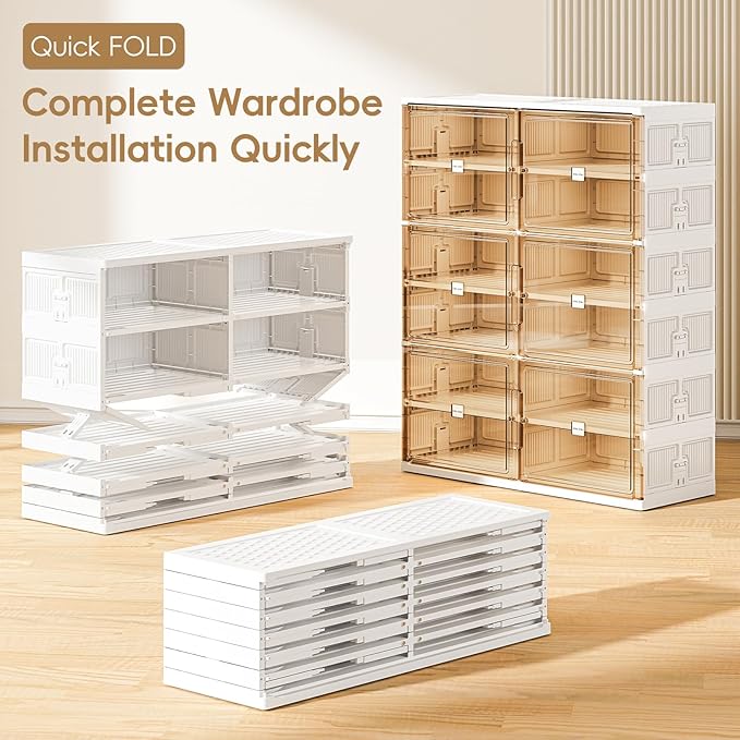 JEKO&JEKO 8-Tier Foldable Shoe Storage Box with Magnetic Doors, Large Stackable Shoe Organizer Cabinet for Entryway, Clear Front Door Shoe Boxes Hold Up to 32 Pairs (White)