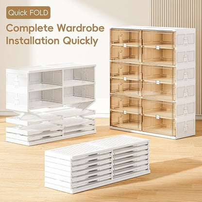 JEKO&JEKO 8-Tier Foldable Shoe Storage Box with Magnetic Doors, Large Stackable Shoe Organizer Cabinet for Entryway, Clear Front Door Shoe Boxes Hold Up to 32 Pairs (White)