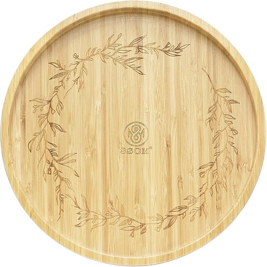 Bamboo Lazy Susan Turntable Organizer 10", Decor Your Kitchen with Elegant Engraved Patterns, Effortless Spinning with Big Roller, Ideal for Cabinet, Pantry, Countertop, and Table Organization