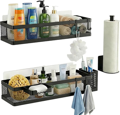 PUSDON 5-in-1 16.5" Extra Long Slim Wall Mount Wrapped Mesh Kitchen Organizer & Shower Caddy Kit, with Paper Towel Holder, Utensil Holder, Soap Dish, Holds 50LBS - Matte Black, Netting