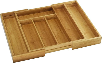 YBM HOME Pack of 6 Kitchen 100% Bamboo Utensil, Flatware, Cutlery Drawer Organizer Tray 340 (5 Compartment Adjustable)