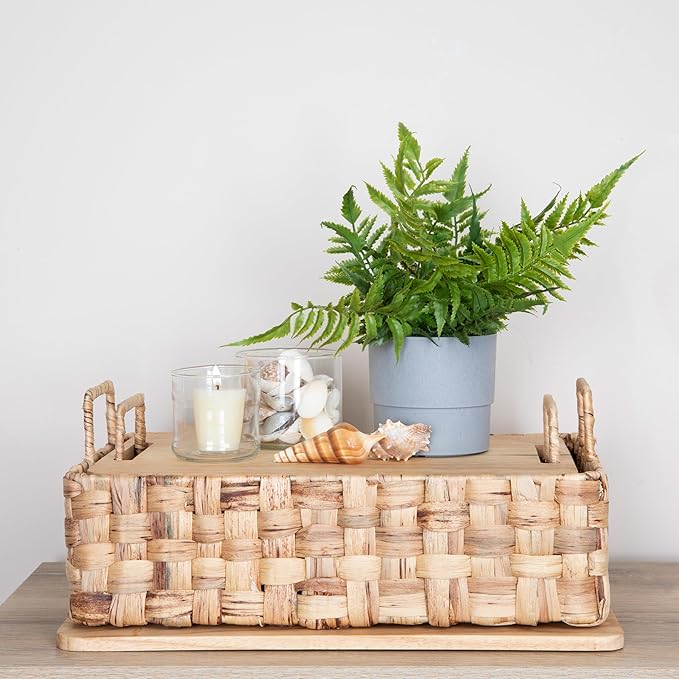 Household Essentials Stackable Hyacinth Baskets with Oak Lids, Natural, Set of 2