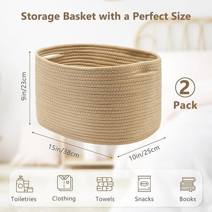ECDYQXVU Cotton Rope Storage Basket, 15x10x9 Inches, Woven Basket for Shelves, Clothes, Towels, Books, and Laundry, Jute Brown (2 Pack)