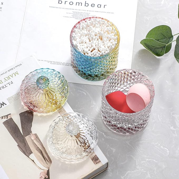 rejomiik Qtip Holder Glass Apothecary Jars with Lid Bathroom Accessories Vanity Organizers and Makeup Storage for Cotton Swabs, Makeup Sponges, Bath Salts, Canister Dispenser, 2 Pack Rainbow