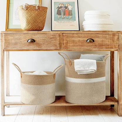 CHICVITA Extra Large Woven Storage Basket with Handles – Laundry Basket Toy Towels Jute Blanket Basket Home Decor Gift, 16" x 16", White