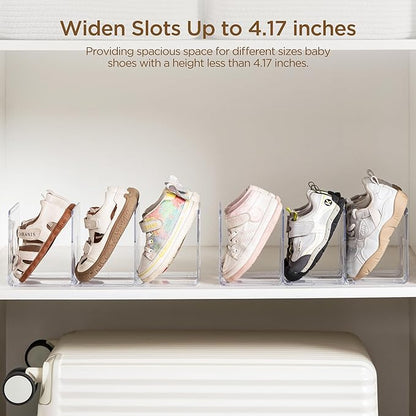HBlife Widened 4.17 Inch Clear Acrylic Kids Shoe Rack for Closet Organizers and Storage, Small Shoe Rack 3 Sections Toddler Baby Shoe Storage Organizer Shelf, Desk File Book Purse Organizer(4 Pack)