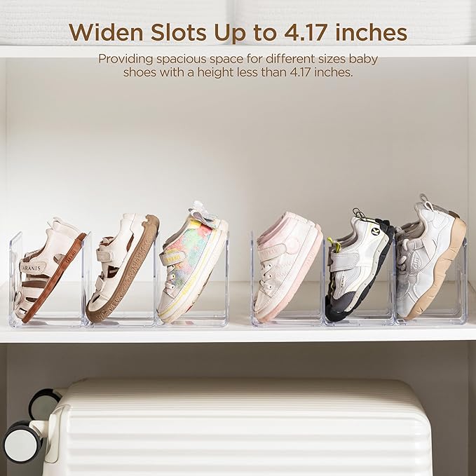 HBlife Widened 4.17 Inch Clear Acrylic Kids Shoe Rack for Closet Organizers and Storage, Small Shoe Rack 3 Sections Toddler Baby Shoe Storage Organizer Shelf, Desk File Book Purse Organizer(2 Pack)