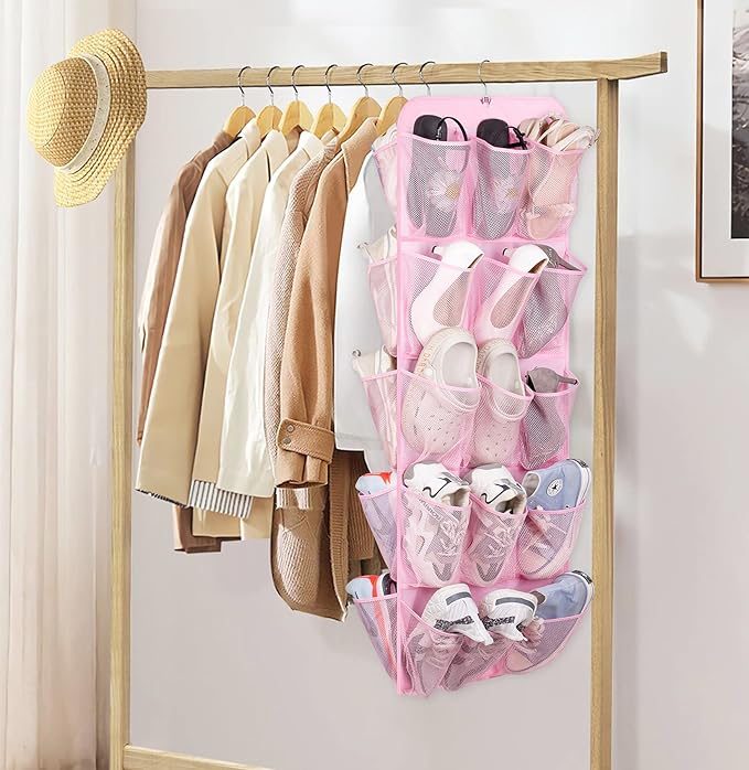 MISSLO 30 Large Pockets Dual Sided Hanging Shoe Organizer for Closet with Rotating Hanger Hanging Shoe Shelves, Pink