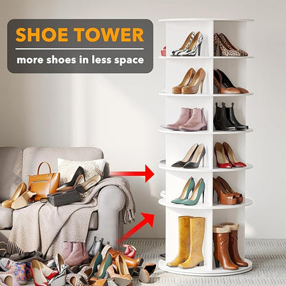SpaceAid Rotating Shoe Rack 6 Tier Organizer, High Bottom Design Shoe Tower Spinning Storage Lazy Susan, Revolving Rack 360, Closet Handbag Display Rotate Organizers (White)
