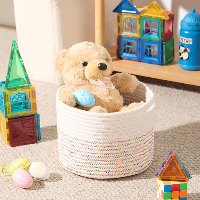 MiniArk Small Basket for Organizing | Cube Shelf Closet Storage Baskets | 9.7×9.7×7.1” | Woven Rope Gift Basket | Nursery | Round 3 Packs Rainbow