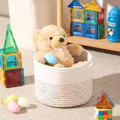MiniArk Small Basket for Organizing | Cube Shelf Closet Storage Baskets | 9.7×9.7×7.1” | Woven Rope Gift Basket | Nursery | Round 3 Packs Rainbow