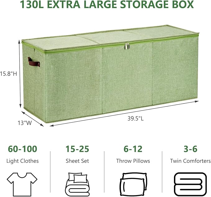Extra Large Storage Box with Zippered Lid 130L Jumbo Chest Basket Bin Collapsible Lidded Sturdy Organizer with Dividers PU Leather Handles for Clothes Bedding Set Home Closet (Light Green)