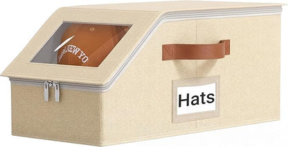 1 Pack Hat Organizer for Baseball Caps, Stackable Hat Storage Box for Closet, Cap Organizer & Cowboy Hat Case, Dustproof Hat Holder for Snapback Trucker Hats, Beige Hat Box