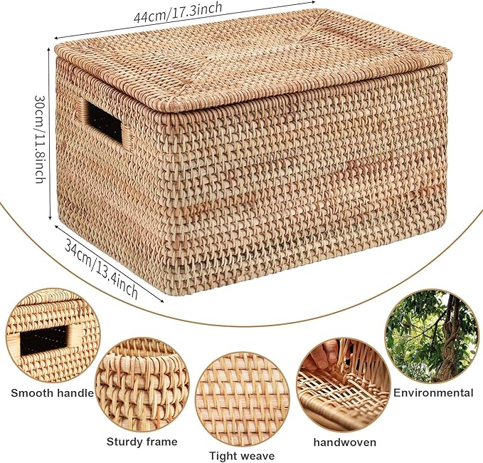 Rattan Basket With Lid, Large Lidded Basket For Storage(17.32" L×13.39"W×11.81"H)