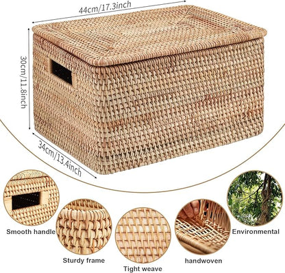 Rattan Basket With Lid, Large Lidded Basket For Storage(17.32" L×13.39"W×11.81"H)