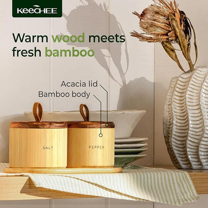 keechee Bamboo Salt Cellar with Acacia Lid & Spoon, 7.7oz Capacity with Built-In Spoon Slot & Labels, Two-Tone Countertop Seasoning Container (Single Compartment - 2 Pack)