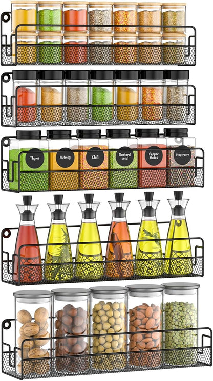 Wall Mounted Spice Rack Organizer, Pantry Door Organizer & Hanging Storage Baskets, Metal Spice Shelf for Kitchen Cabinet, 3 Depth Sizes Hold Large Jars to Nail Polish Bottles, 5 Pack