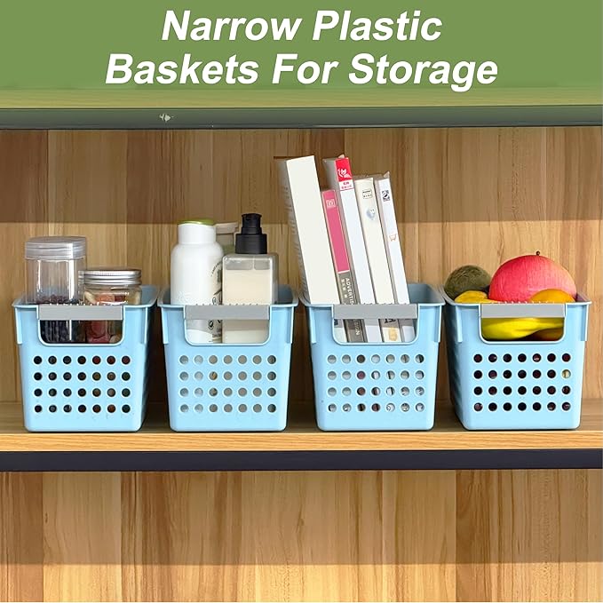 Soddeph 4 Pack Slim Plastic Storage Basket with Handles, Rectangular Storage Bins for Shelves,Narrow Organizer box for Organizing, Kitchen,Home,Office (Blue, Small)
