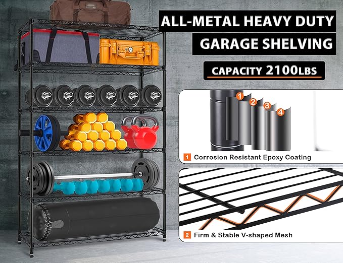 72" Storage Shelves Heavy Duty Shelving Loads 500/2100Lbs, 6 Tier Metal Utility Shelf Rack, Wide Garage Shelving, Adjustable Storage Shelves for Garage Basement Warehouse