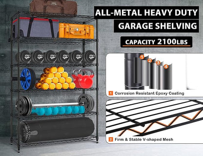 72" Storage Shelves Heavy Duty Shelving Loads 500/2100Lbs, 6 Tier Metal Utility Shelf Rack, Wide Garage Shelving, Adjustable Storage Shelves for Garage Basement Warehouse