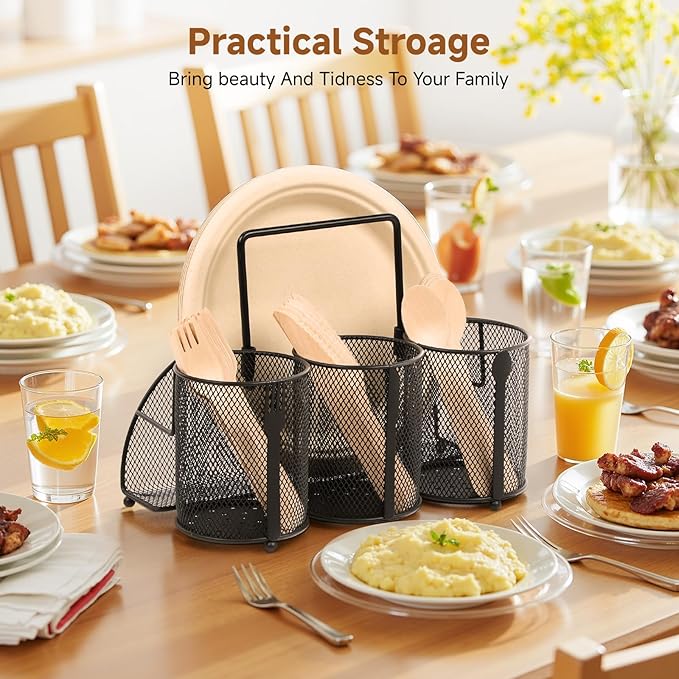 Utensil Caddy Silverware Holder for Party, Metal Mesh Cutlery Storage Organizer for Forks Spoons Napkins Plates, Perfect for Kitchen, Buffet, Picnic, Camping & Outdoor BBQ