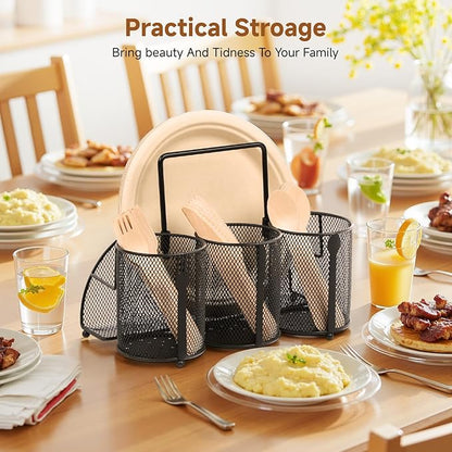 Utensil Caddy Silverware Holder for Party, Metal Mesh Cutlery Storage Organizer for Forks Spoons Napkins Plates, Perfect for Kitchen, Buffet, Picnic, Camping & Outdoor BBQ