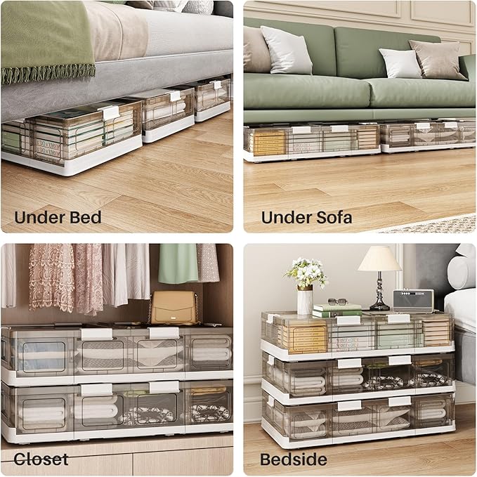 Kitstorack Plastic Under Bed Storage Containers,2 Pack Underbed Storage with Wheels,Foldable and Stackable Under Bed Organizer,Moisture and Dust-proof Storage Boxes for Clothes Shoes,13.6 Gal