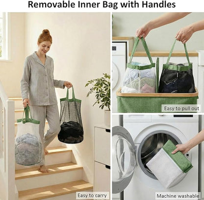 efluky Laundry Hamper with Lid, Double Laundry Basket with 2 Removable Bags, 2 Section Laundry Bin with Bamboo Handles for Bathroom, Bedroom & Laundry Room, 140L (36.9 Gallon) Sage Green