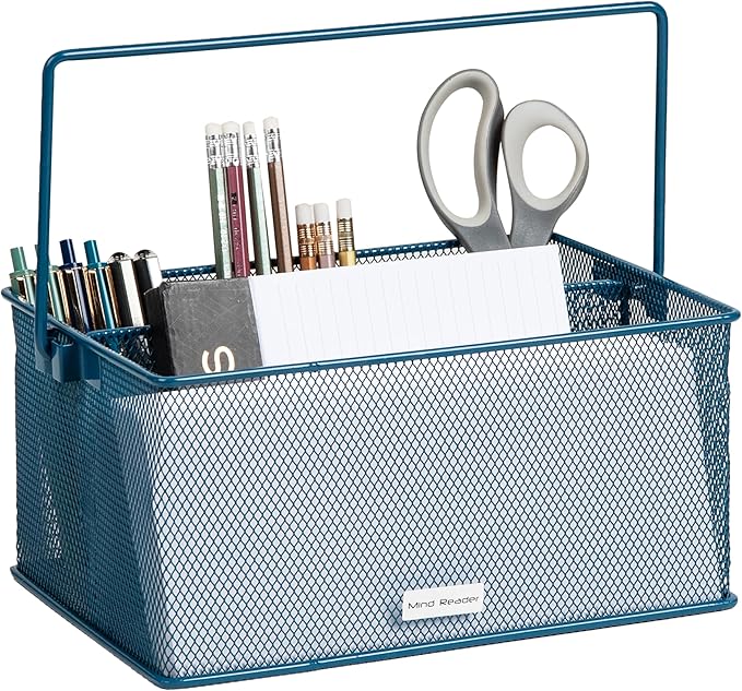 Mind Reader Multi-purpose Storage Caddy with Handle, Desktop Organizer, Cutlery Holder, 4 Compartments, Metal Mesh, Turquoise