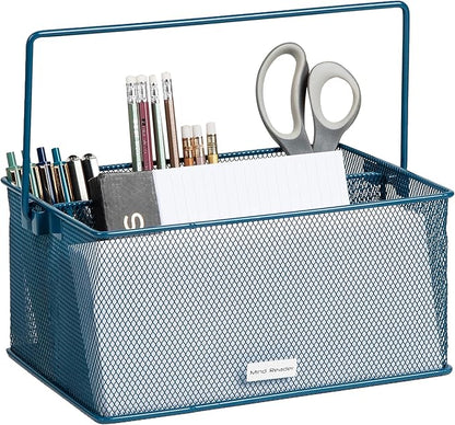 Mind Reader Multi-purpose Storage Caddy with Handle, Desktop Organizer, Cutlery Holder, 4 Compartments, Metal Mesh, Turquoise