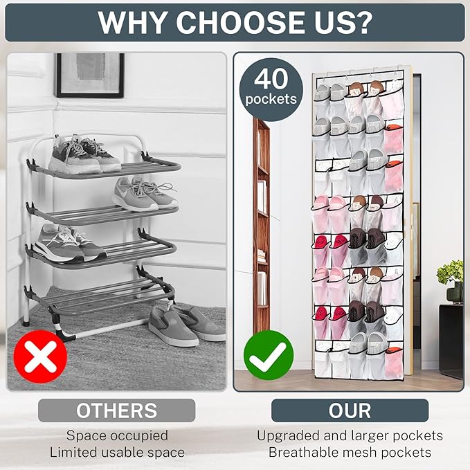 2PCS 40-Pocket Over the Door Shoe Organizer, Hanging Shoe Rack for Closet Door,Shoes Storage Holder Hanger with Large Mesh Pocket for Women Men Shoes,Flip Flops (White-B2)