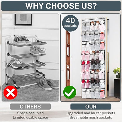 2PCS 40-Pocket Over the Door Shoe Organizer, Hanging Shoe Rack for Closet Door,Shoes Storage Holder Hanger with Large Mesh Pocket for Women Men Shoes,Flip Flops (White-B2)