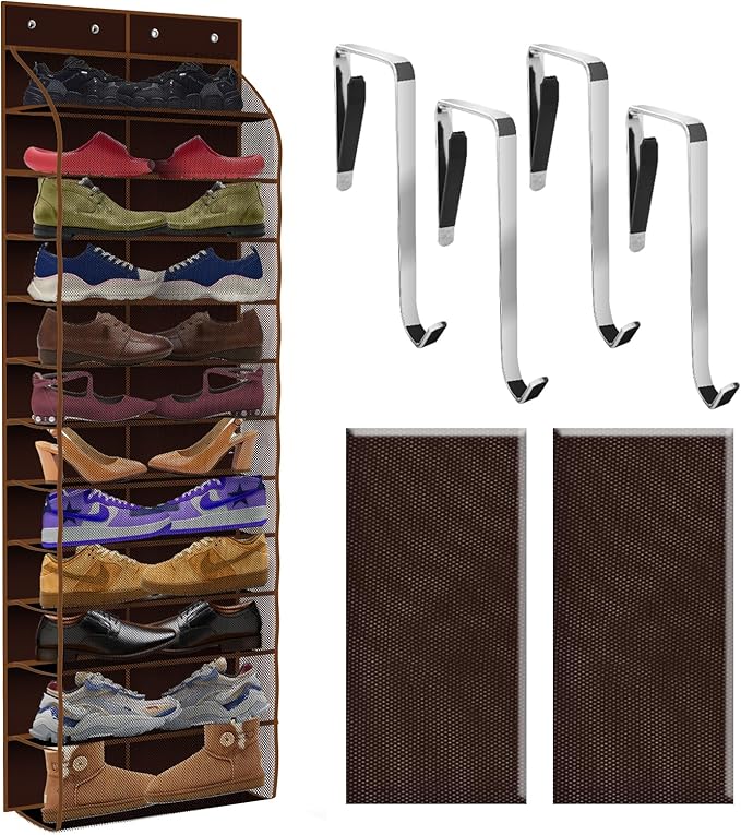 PAULONE 12 Pocket Over the Door Shoe Organizer,Reusable Breathable Large Mesh Bag Men's & Women's Sneaker Organizer,Shoe Organizer for Kids,Hanging Shoe Storage Hanging Bag (Coffee brown)