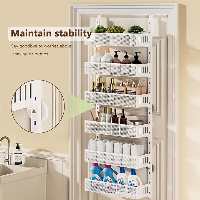 6-Tier Over The Door Pantry Organizer with Mesh Baskets, Adjustable & Stable Hanging Spice Rack for Kitchen, Bathroom, Bedroom, and Baby Essentials Storage