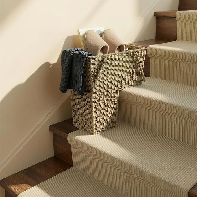 Household Essentials Wicker Stair Basket with Handles, Handwoven Seagrass, Natural