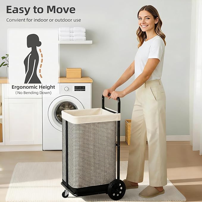STORAGE MANIAC Rolling Laundry Cart with Wheels 37.4"H Laundry Hamper with Removable and Washable Canvas Liner Heavy Duty Laundry Basket Sorter Utility Cart Steel Frame for Clothes & Groceries, Beige