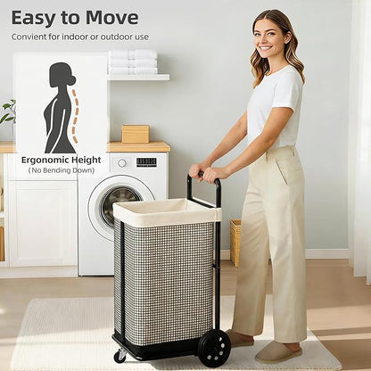 STORAGE MANIAC Rolling Laundry Cart with Wheels 37.4"H Laundry Hamper with Removable and Washable Canvas Liner Heavy Duty Laundry Basket Sorter Utility Cart Steel Frame for Clothes & Groceries, Beige