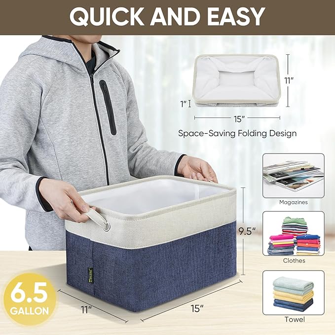 BALEINE 2 Pack Fabric Closet Storage Bins for Shelves, Linen Closet Organizers and Storage, Decorative Baskets for Organizing, Shelf, Clothes, Home, Office (Navy Blue, 15"x11"x9.5")