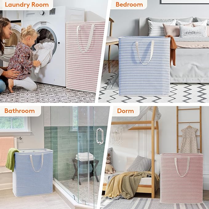 Lifewit 2 Pack Laundry Basket 100L Each, Collapsible Clothes Hamper with Reinforced Handles, Freestanding Waterproof Design for Bedroom and Laundry Room, Pink&Blue 200L Total