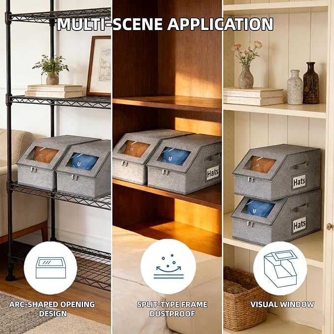 2 Pcs Stackable Hat Storage for Baseball Caps With Breathable Clear Window Lid, Flip-Top Access,Dust-Proof Zipper,Durable Cardboard Base,Space-Saving Cap Box