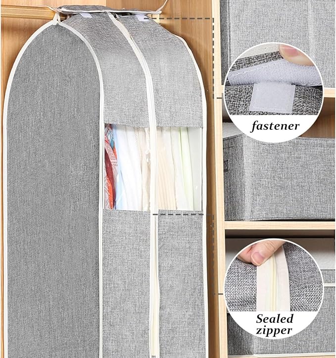 Suit Bags and Garment Covers Cotton and Linen Fabric Garment Bags for Hanging Closet Storage for Suit, Dress, Shirts, Coats, Jackets, Sweater Organizer (4 Colors)(Gray,105 * 60 * 28cm)