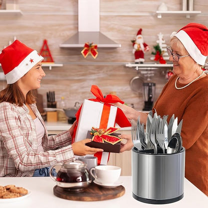 LIBODOUR Kitchen Utensil Holder Small 360°Rotating For Counter Organizer Stainless Steel Storage Silverware Caddy 3 Compartment Flatware Spoon Spatula Tool Cutlery Container