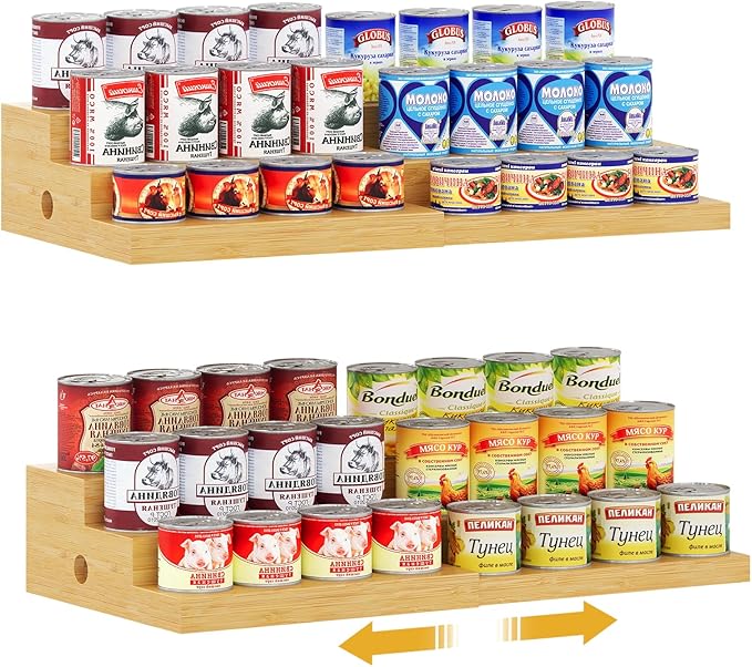 2-Pack Expandable Bamboo Can Rack Organizer for Pantry Display, 3-Tier Adjustable Can Storage Holder, Soda & Canned Food Organizer for Cabinets & Countertops, Holds Up to 48 Cans (Patent Pending)