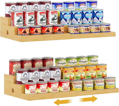 2-Pack Expandable Bamboo Can Rack Organizer for Pantry Display, 3-Tier Adjustable Can Storage Holder, Soda & Canned Food Organizer for Cabinets & Countertops, Holds Up to 48 Cans (Patent Pending)